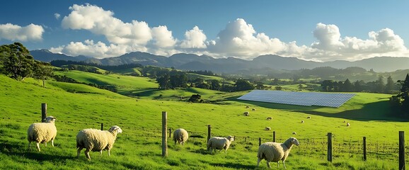 Obraz premium A serene landscape featuring sheep grazing near a solar panel field.