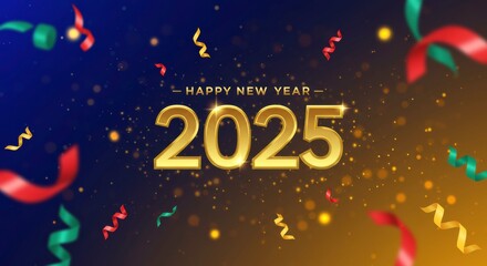 Fototapeta premium New Year's Eve 2025: A festive celebration for the new year, with gold 2025 text, colorful confetti, and sparkling lights on a dark blue background. 