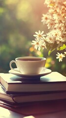 Fototapeta premium Tea Cup Books Flowers Sunny Morning Tranquility