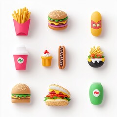 3D rendered fast food icons burgers, fries, hotdog, soda, cupcake.