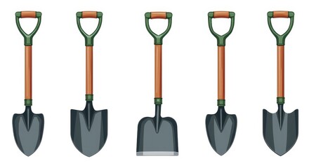 Gardening Tools Collection Illustration Featuring Various Shovel Types for Landscaping and Hobbies