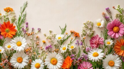 Fototapeta premium Bright daisies and wildflowers on taupe background with natural light