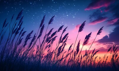 Fototapeta premium A serene twilight scene with silhouetted grass against a starry sky.