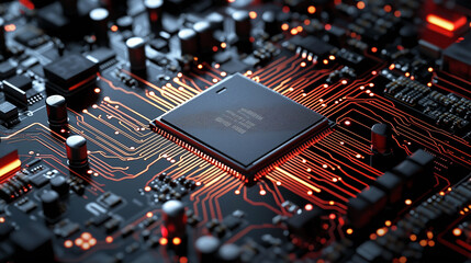 CPU chip glowing on a motherboard with red lights