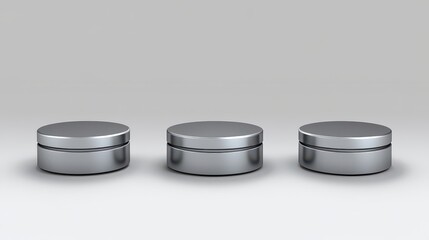 Three Silver Cylindrical Display Stands In A Row