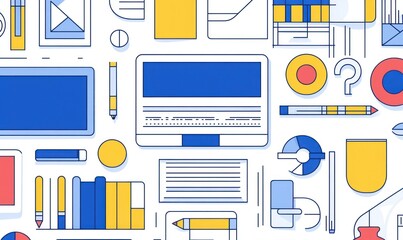 Flat lay illustration of workspace with laptop, stationery, and charts.