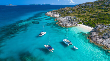 Fototapeta premium Aerial view of boats sailing in turquoise water near a small island
