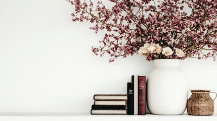Stylish Home Decor  White Vase  Dried Flowers  Books on Shelf