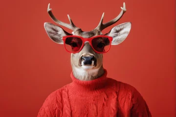  "Whimsical Deer Portrait with Red Sunglasses, Sweater, and Antlers on Solid Red Background - Playful and Fun Image" © piyawat