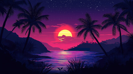 Obraz premium Silhouette of palm trees against a vibrant tropical sunrise, creating a serene beach view