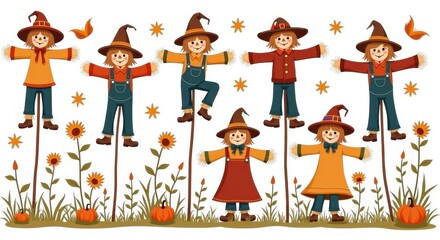 Fototapeta premium Charming Autumn Scarecrow Illustration Set for Fall Decor & Halloween Celebrations