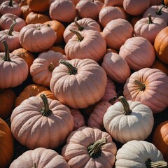 Photorealistic background of pink and light colored pumpkins, concept of seasonality, farming and harvest, unusual pink pumpkins.

