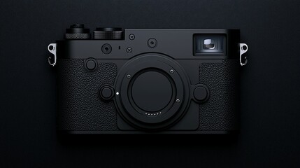 Top view of a black rangefinder camera on a dark background.