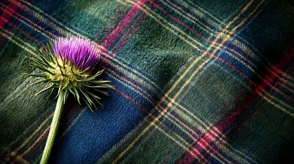 Purple thistle flower on a tartan fabric background.
