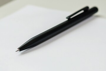 A sleek black pen lying diagonally on a white sheet of paper.