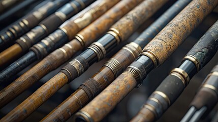 Fototapeta premium Close-up of vintage fishing rods, showing detail and wear.