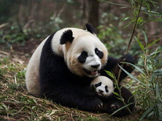 Fototapeta premium Panda and Playful Cub: a heartwarming scene of a panda cuddling her playful cub.