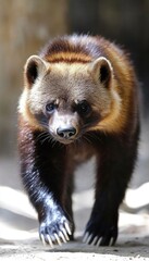 Obraz premium A close-up of a wolverine walking towards the camera in a natural setting.