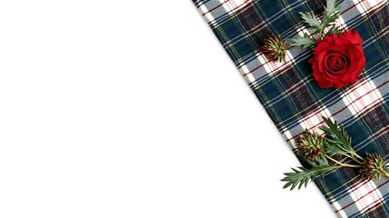 Fototapeta premium Red rose and greenery on plaid fabric.