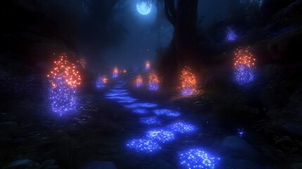 Enchanted Forest Path Illuminated By Glowing Plants