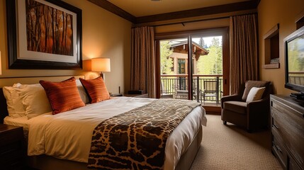 Fototapeta premium Luxurious bedroom with king-size bed, balcony view, and comfortable armchair.