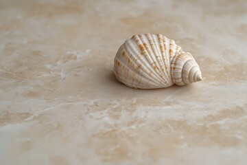 A small seashell lying on a smooth, untextured beige surface.