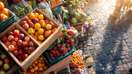 Obraz premium Vibrant fruit market scene urban city photography late afternoon aerial view fresh produce variety
