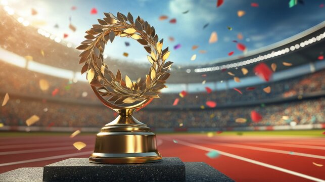 Gold Olympic Medal and Laurel Wreaths on Podium