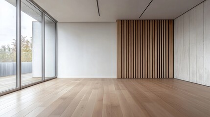 Obraz premium Interior Background with Concrete Wall and Wooden Paneling in Empty Room - 3D Rendering