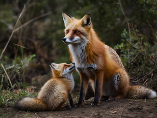 Obraz premium Fox and Kits in the Wilderness: the life of a fox raising her kits in the wilderness.