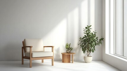 Fototapeta premium Sleek Minimalist Interior Design Featuring Armchair Against White Wall Background