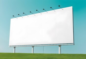 Obraz premium Empty billboard providing advertising space stands on green hill with spotlights under blue sky