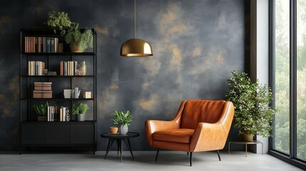 Modern Loft Interior Featuring Leather Armchair Against Dark Cement Wall