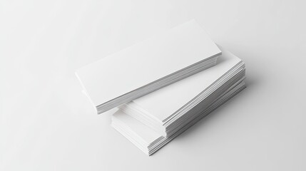 Stack of blank white rectangular cards or paper on white background.