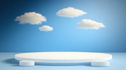 White Platform Display Underneath Fluffy Clouds in Blue Sky