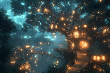 A futuristic treehouse village among glowing trees with magical blue-green lights. A wooden bridge connects houses, set under a starry night sky, evoking adventure, dreams, and nature's wonder.