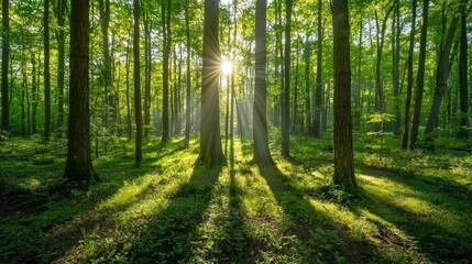 Obraz premium A dense, green forest with sunlight streaming through the canopy, casting shadows on the forest floor.