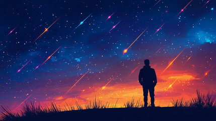 Obraz premium Desert nightscapes lone figure beneath meteor shower twilight glowing starry skies astronomy astrophotography celestial wall art wallpaper beauty stellar glow space starlight cosmos starfield radiant