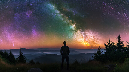Fototapeta premium Enchanting astrophotography silhouetted man forested hillsides beneath starry skies swirling trail auroras vibrant cosmic phenomena stargazing nature celestial wallpaper space beauty glow dreamy