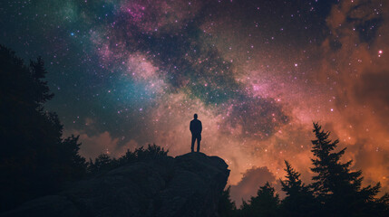 Enchanting astrophotography silhouetted man forested hillsides beneath starry skies swirling trail auroras vibrant cosmic phenomena stargazing nature celestial wallpaper space beauty glow dreamy