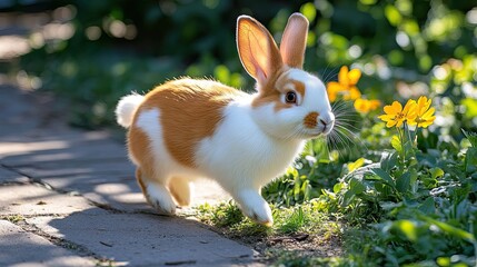A playful rabbit hops through a garden filled with vibrant flowers.