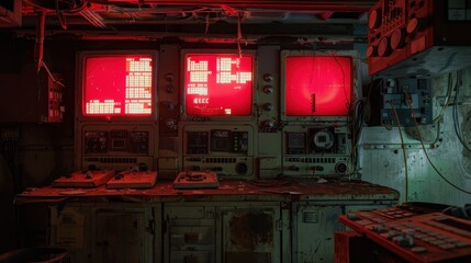 Abandoned Emergency Broadcast Station with Glowing Red Screens