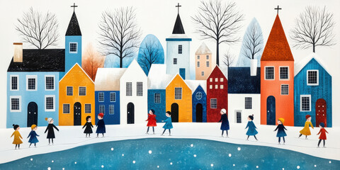 Netherlands art, A whimsical painting depicting children ice skating, capturing a playful winter scene full of joy and creativity.