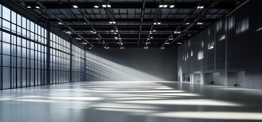 A spacious, well-lit industrial interior with large windows and minimal decor.