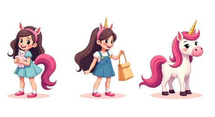 Fototapeta premium Cute Unicorn and Girl Adventures Illustration Set with Bright Colors and Playful Imagery