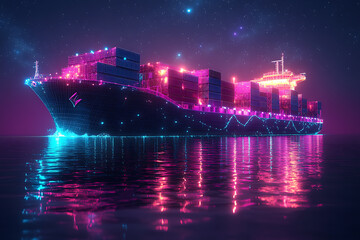 Obraz premium cargo ship, navigating through calm waters under a starry night sky. The ship features stacked containers, symbolizing global trade, logistics, and maritime transport