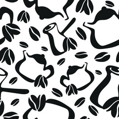 seamless pattern with turks and teapots for brewing drinks and coffee beans placed randomly, for different packaging, textile or design