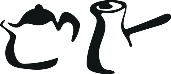 set with the logos of various teapots and Turks for brewing coffee drawn with an unusual outline