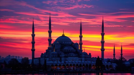 Obraz premium Majestic Sultan Ahmed Mosque at Sunset in Istanbul Turkey A Vibrant Display of Architectural Grandeur and Colorful Skies