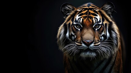 A close-up of a tiger's face with striking features against a dark background.